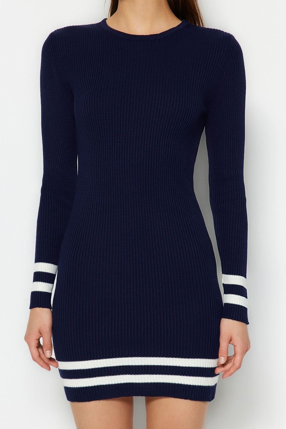 Moda Slim Casual Günlük Tek Plaka Triko Bisiklet Yaka Uzun Kol Bodycone Mini Boy Elbise