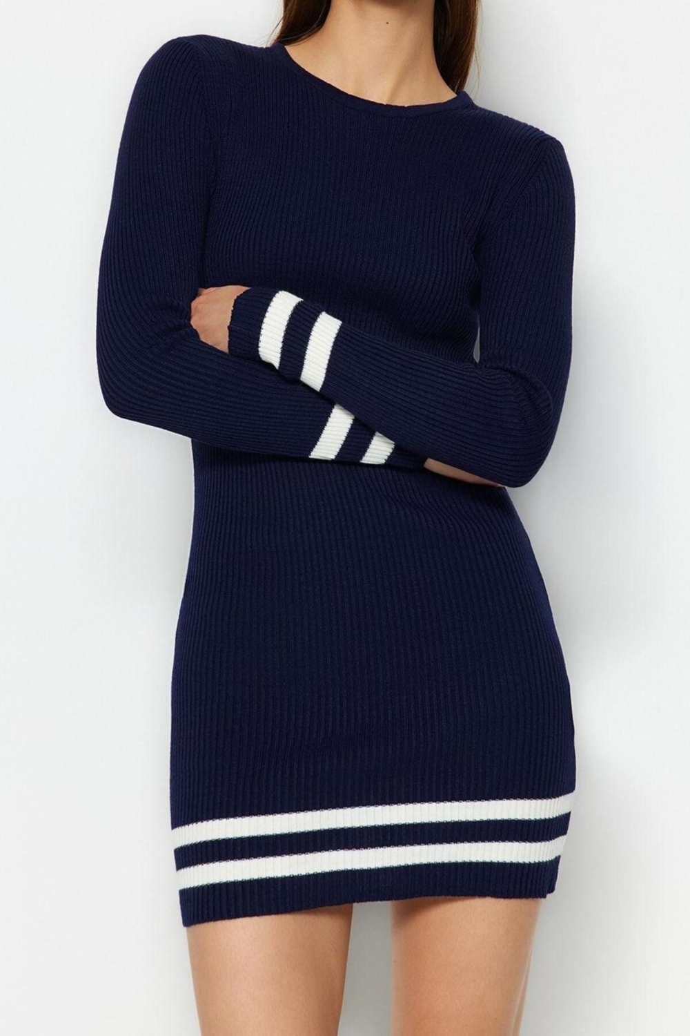 Moda Slim Casual Günlük Tek Plaka Triko Bisiklet Yaka Uzun Kol Bodycone Mini Boy Elbise