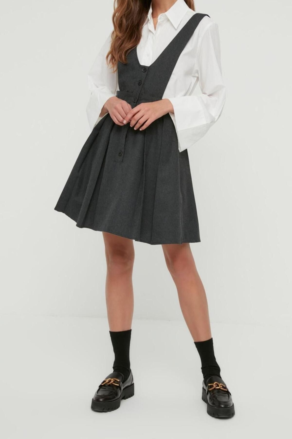 Moda Stil Regular V Yaka Mini Boy Askılı Dokuma Jile Elbise