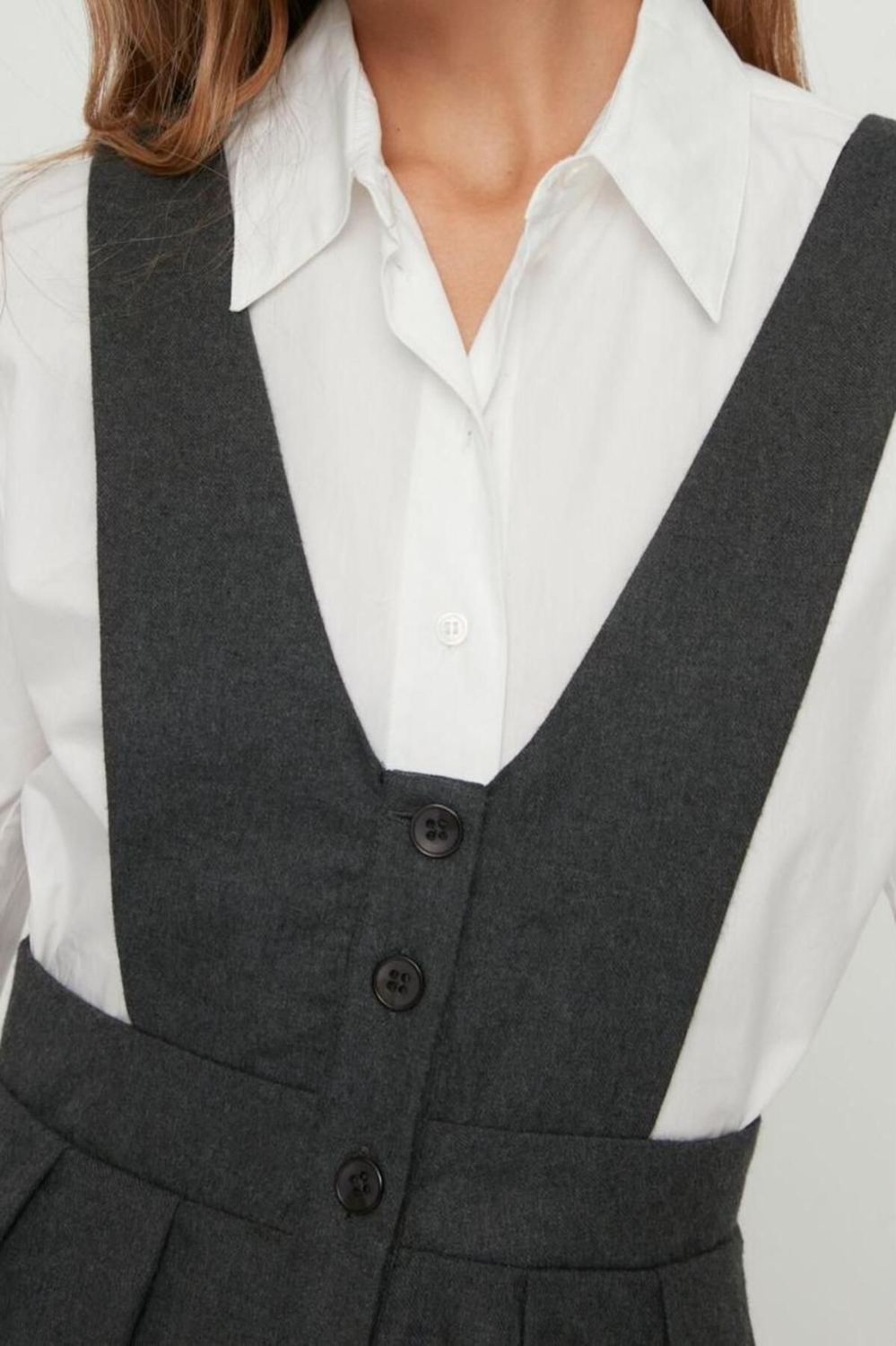 Moda Stil Regular V Yaka Mini Boy Askılı Dokuma Jile Elbise