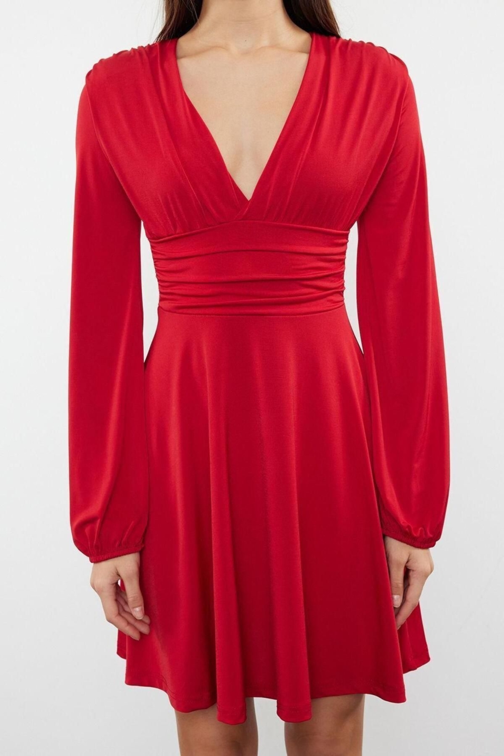 Kadın Düz Skater Siluet V Yaka Uzun Kollu Elbise Sandy Örme Kumaş Zarif Tasarım Kaliteli Şık
