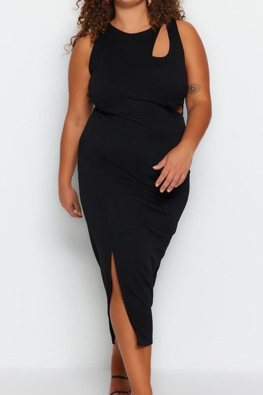 Moda Fit Gündüz Gece Krep Örme Bisiklet Yaka Kolsuz Kol Bodycone Midi Boy Büyük Beden Elbise
