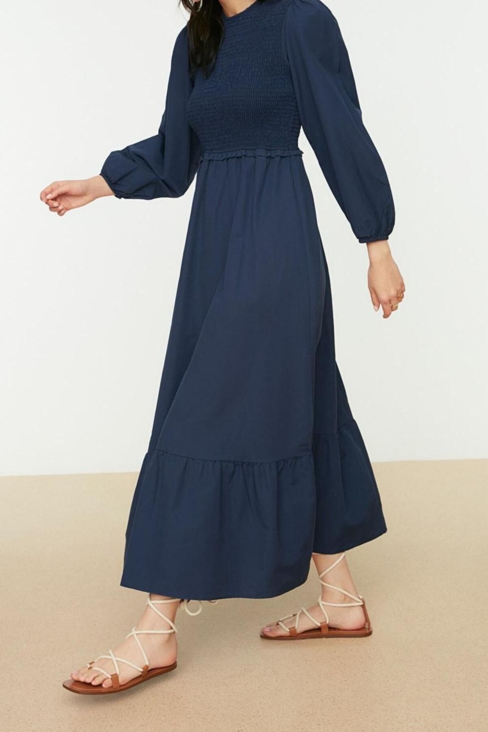 Moda Regular Casual Günlük Terrycotton Dokuma Bisiklet Yaka Uzun Kol A-Line Maxi Boy Tesettür Elbise