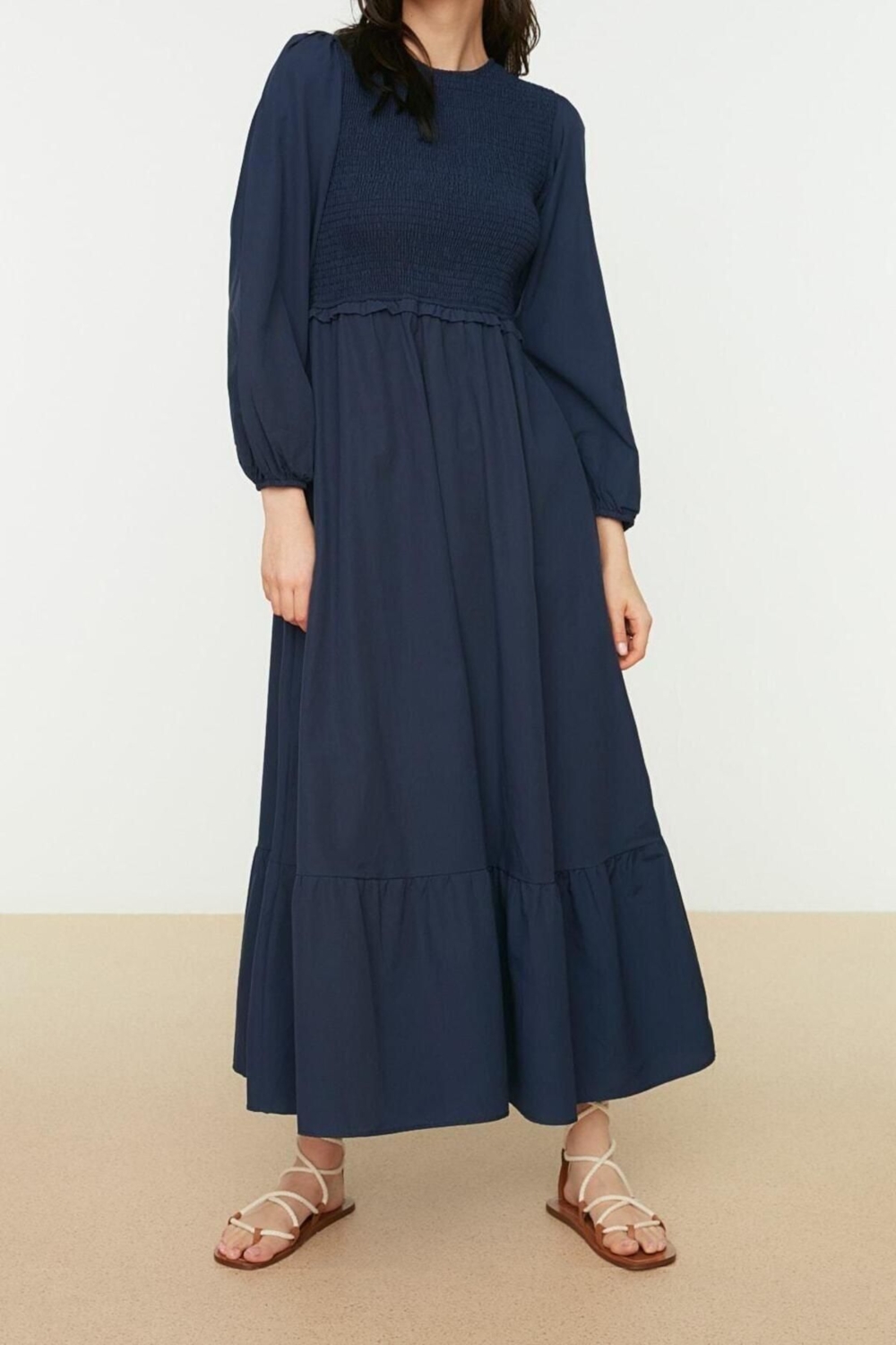 Moda Regular Casual Günlük Terrycotton Dokuma Bisiklet Yaka Uzun Kol A-Line Maxi Boy Tesettür Elbise