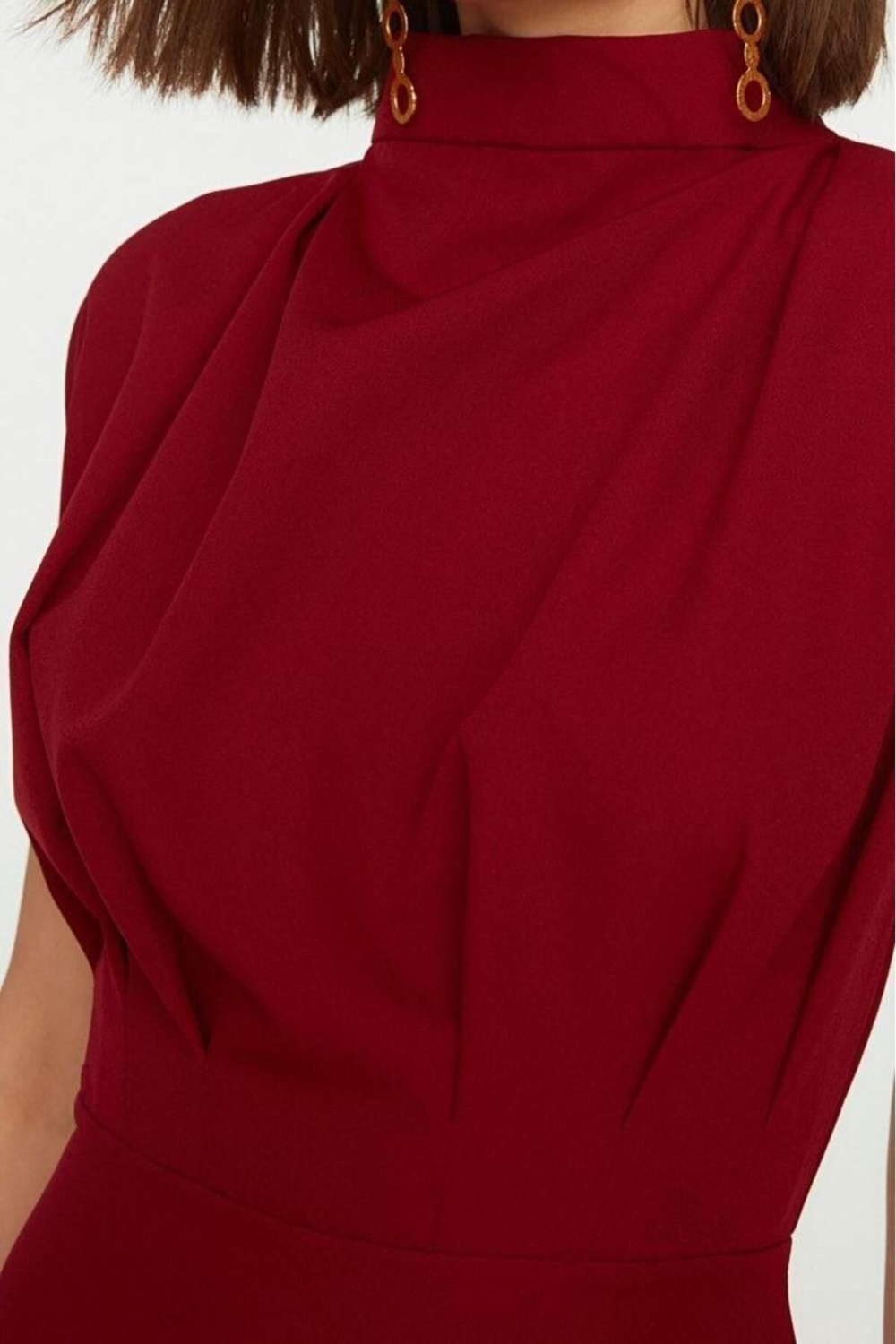 Kadın Çok Renkli Desenli Bodycon Siluet Midi Elbise Kolsuz Dik Yaka Polyester Karışımlı Konfor