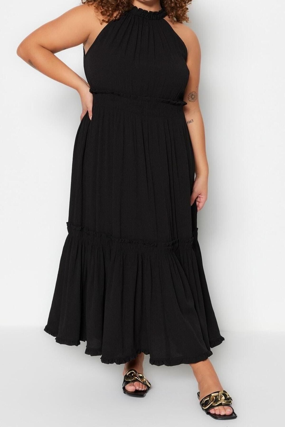 Moda Rahat Casual Günlük Crinkle Dokuma Bisiklet Yaka Kolsuz Kol A-Line Midi Boy Büyük Beden Elbise