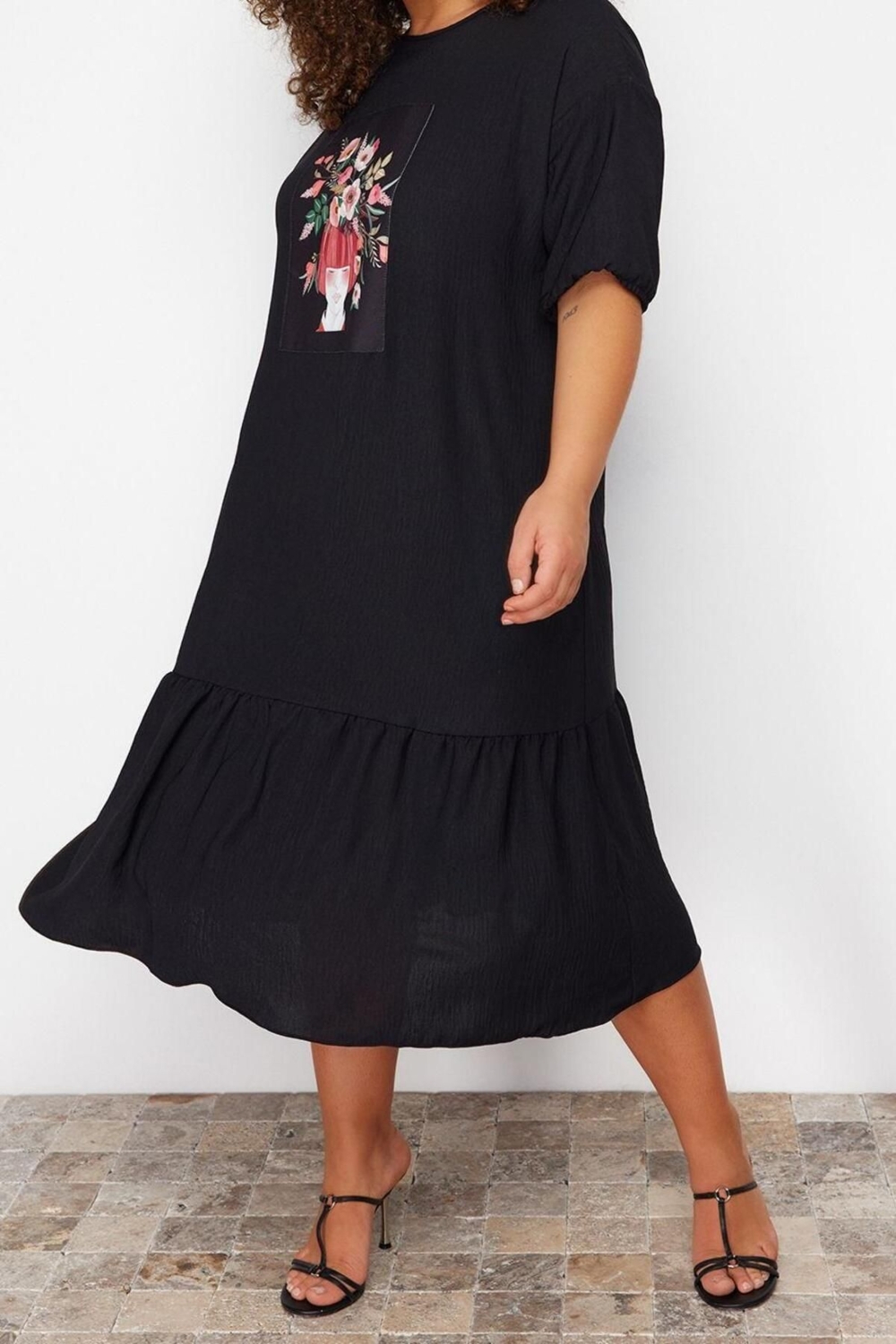 Moda Rahat Casual Günlük Queen Crep Dokuma Bisiklet Yaka Kısa Kol Smock Midi Boy Büyük Beden Elbise