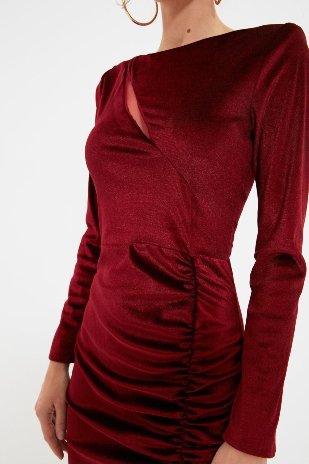 Moda Regular Mezuniyet Balo Kadife Örme Kayık Yaka Uzun Kol Bodycone Midi Boy Elbise