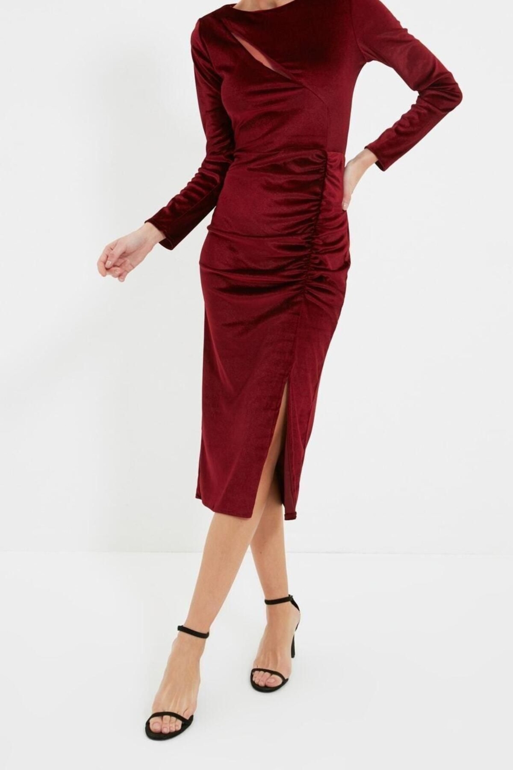 Moda Regular Mezuniyet Balo Kadife Örme Kayık Yaka Uzun Kol Bodycone Midi Boy Elbise