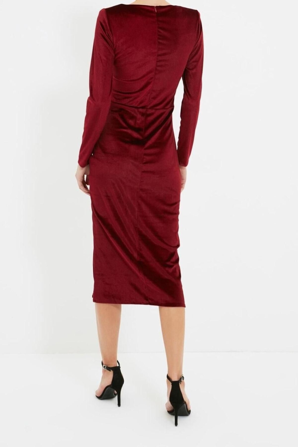 Moda Regular Mezuniyet Balo Kadife Örme Kayık Yaka Uzun Kol Bodycone Midi Boy Elbise