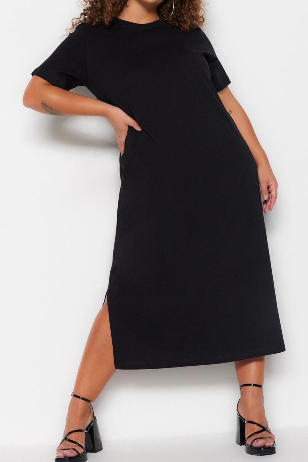Moda Rahat Casual Günlük Süprem Örme Bisiklet Yaka Kısa Kol Shift Midi Boy Büyük Beden Elbise