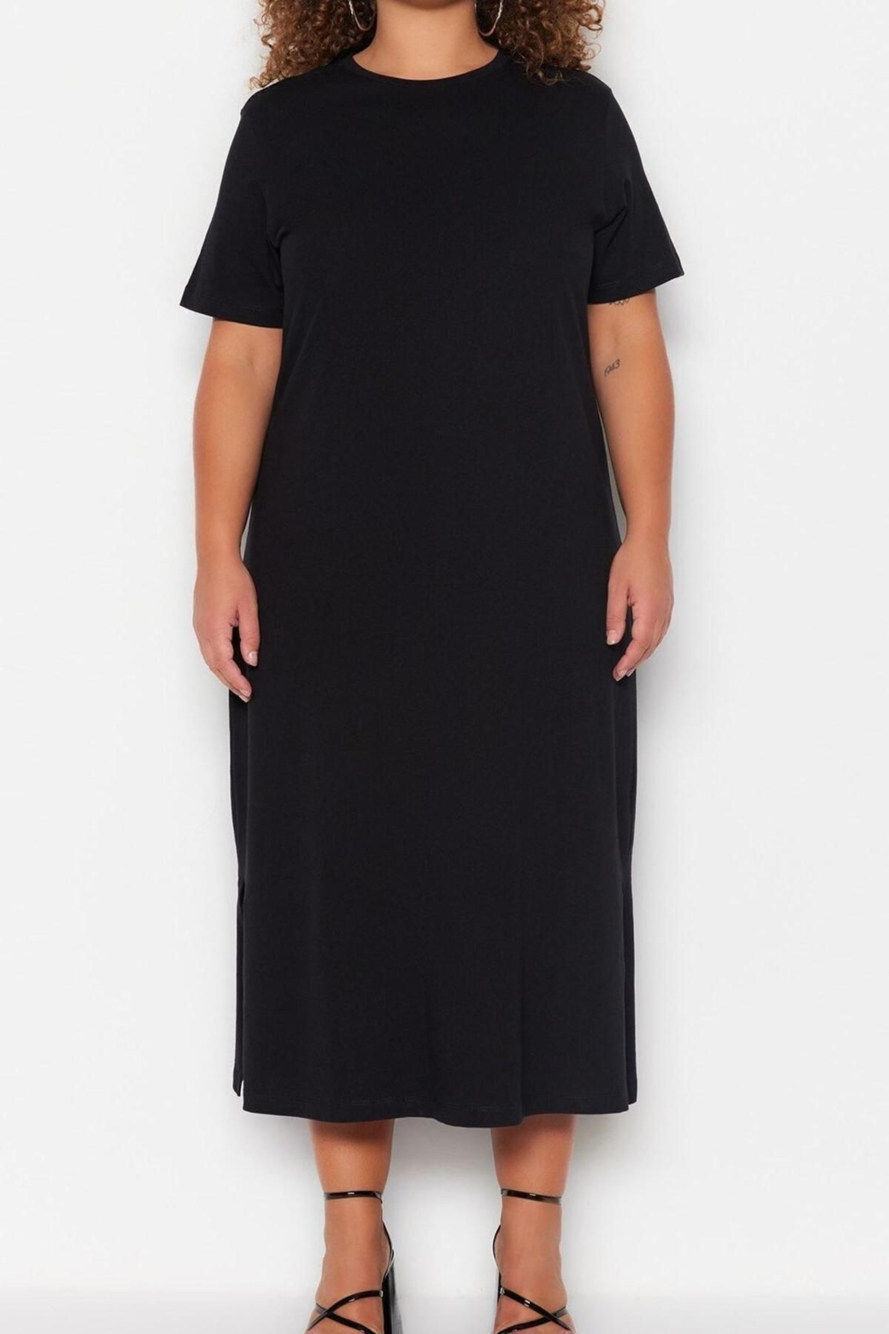 Moda Rahat Casual Günlük Süprem Örme Bisiklet Yaka Kısa Kol Shift Midi Boy Büyük Beden Elbise