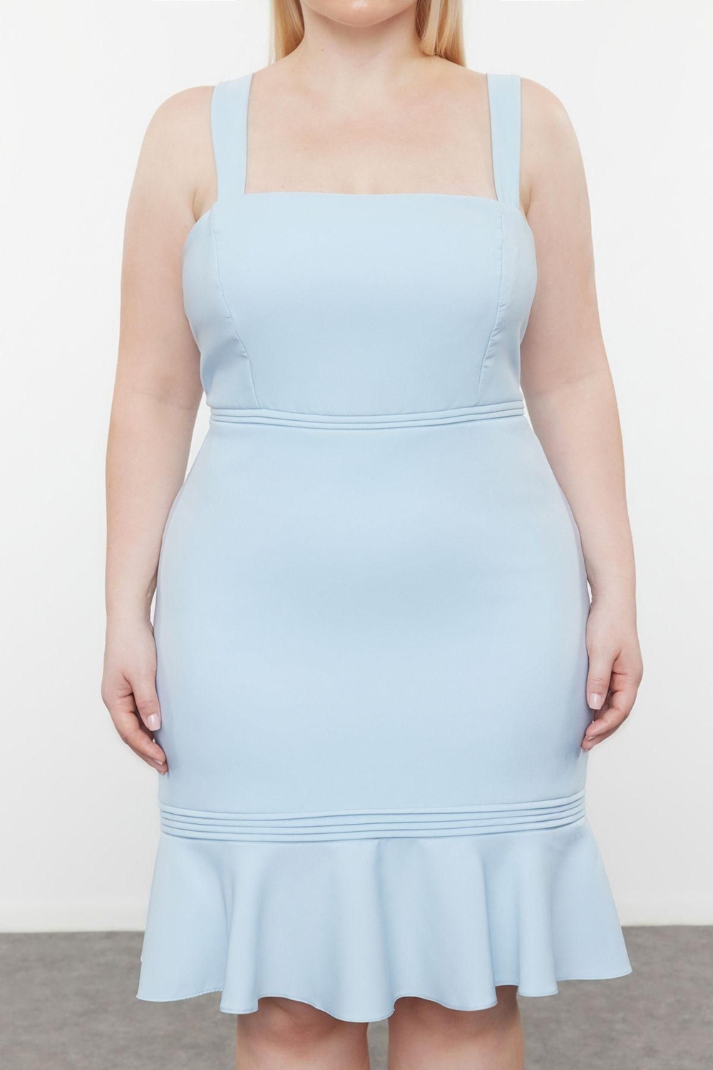 Moda Fit Casual Günlük Finike Dokuma Kare Yaka Truvakar Kol Kol Bodycone Mini Boy Büyük Beden Elbise