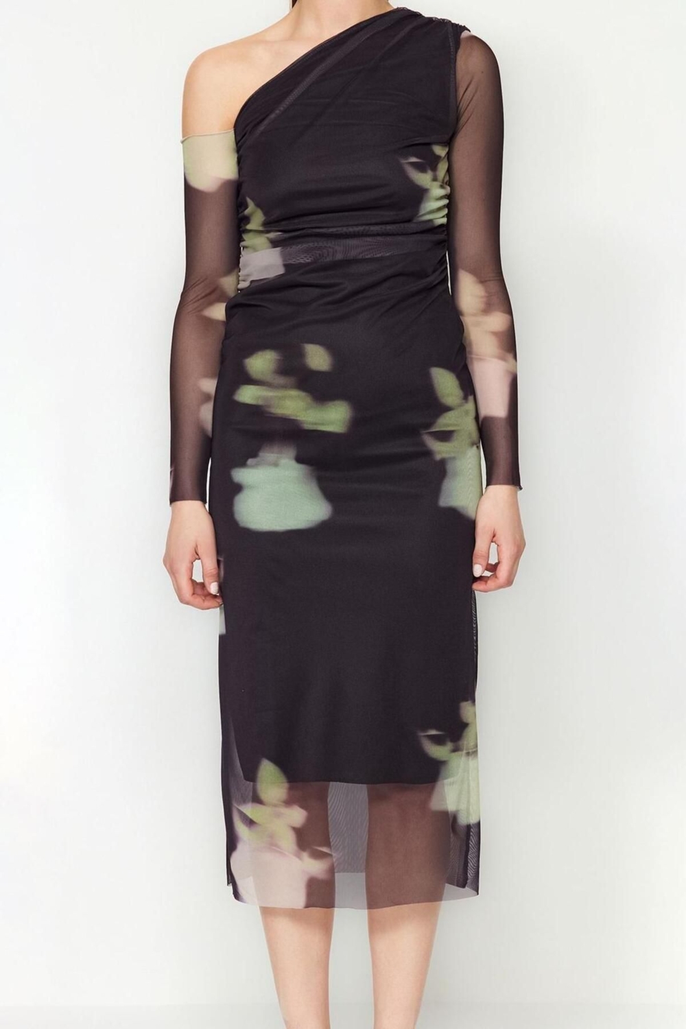 Moda Fit Şık Abiye Gece Tül Örme Asimetrik Yaka Uzun Kol Bodycone Midi Boy Elbise