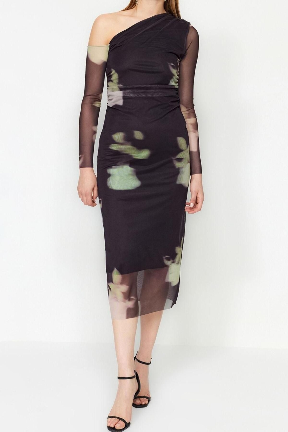 Moda Fit Şık Abiye Gece Tül Örme Asimetrik Yaka Uzun Kol Bodycone Midi Boy Elbise