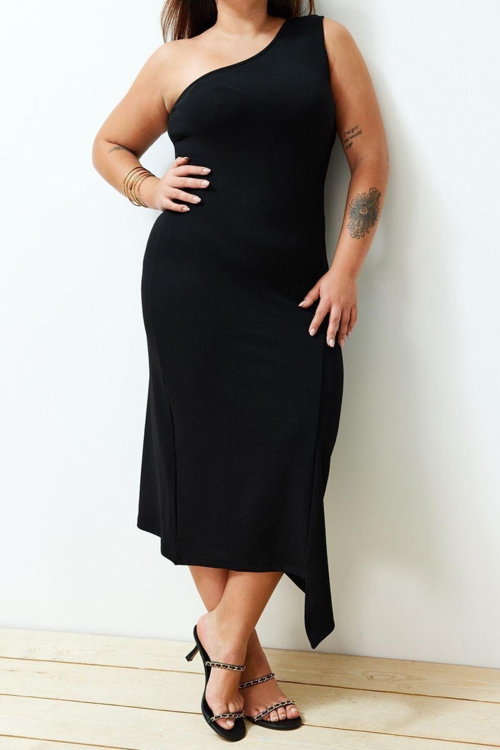 Moda Rahat Casual Günlük Krep Örme Asimetrik Yaka Kolsuz Kol Asimetrik Midi Boy Büyük Beden Elbise