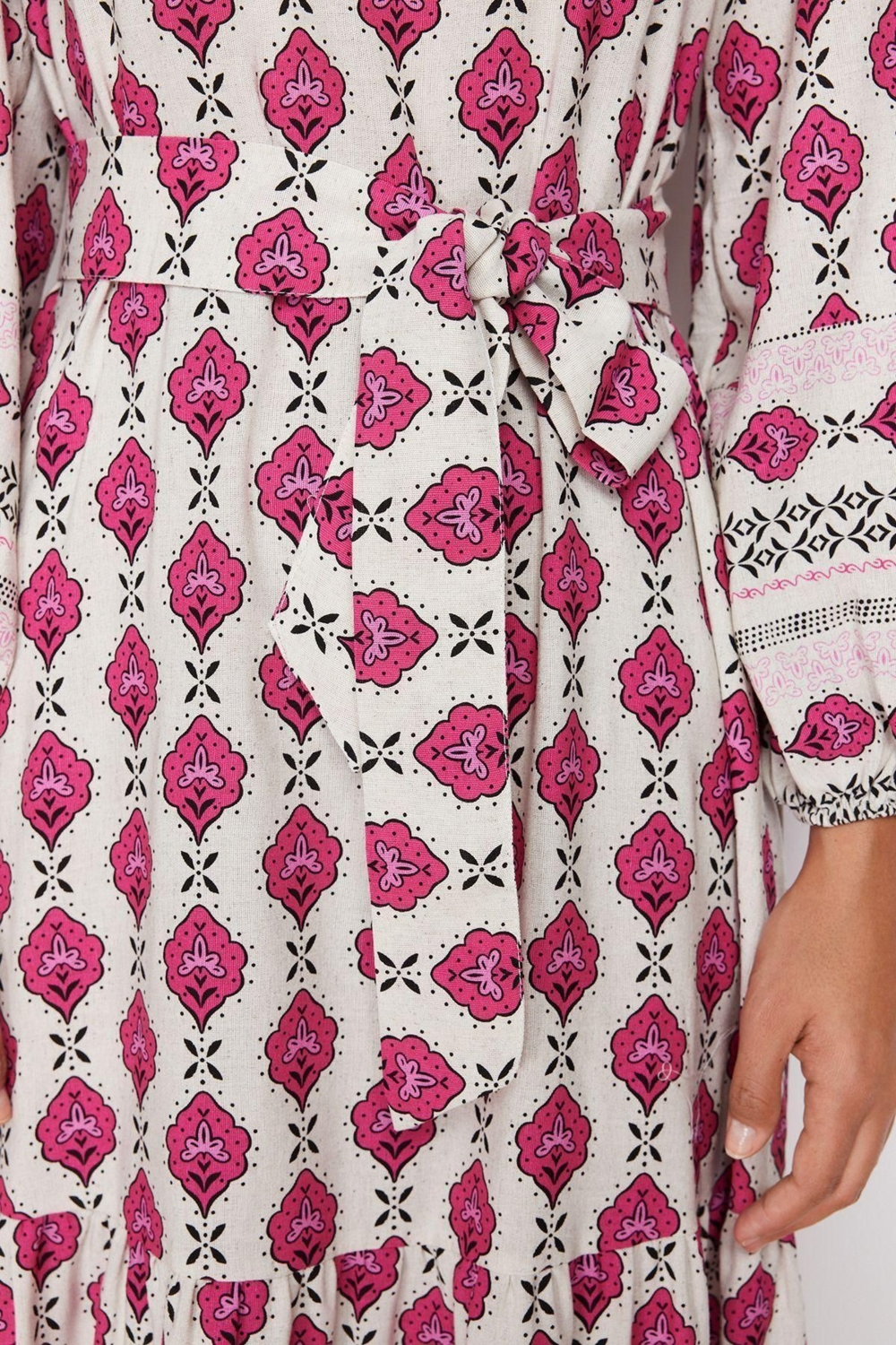 Moda Regular Casual Keten Dokuma Bisiklet Yaka Uzun Kol Eteği Fırfırlı Maxi Boy Tesettür Elbise