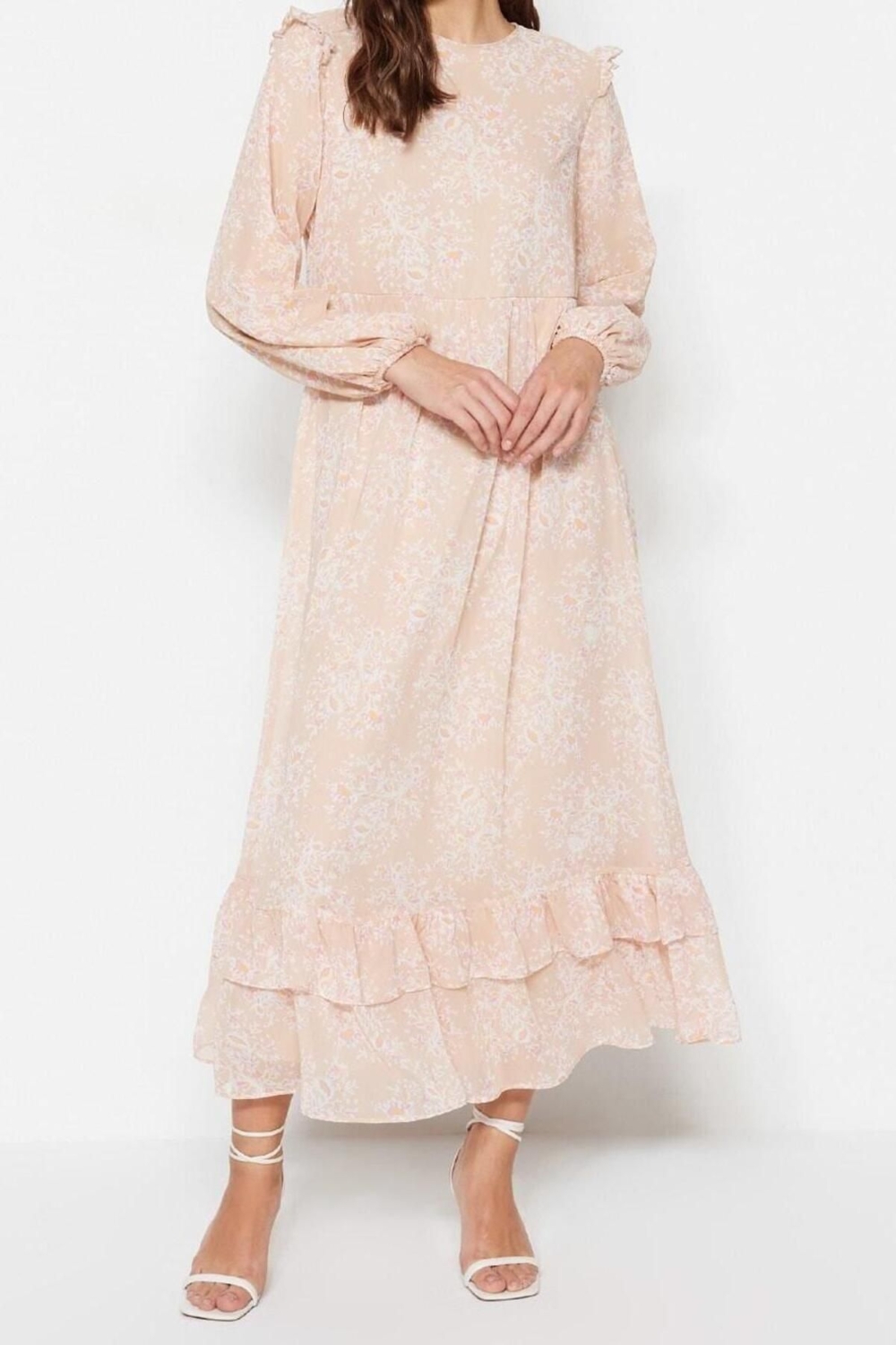 Moda Regular Casual Günlük Şifon Dokuma Bisiklet Yaka Uzun Kol A-Line Maxi Boy Tesettür Elbise