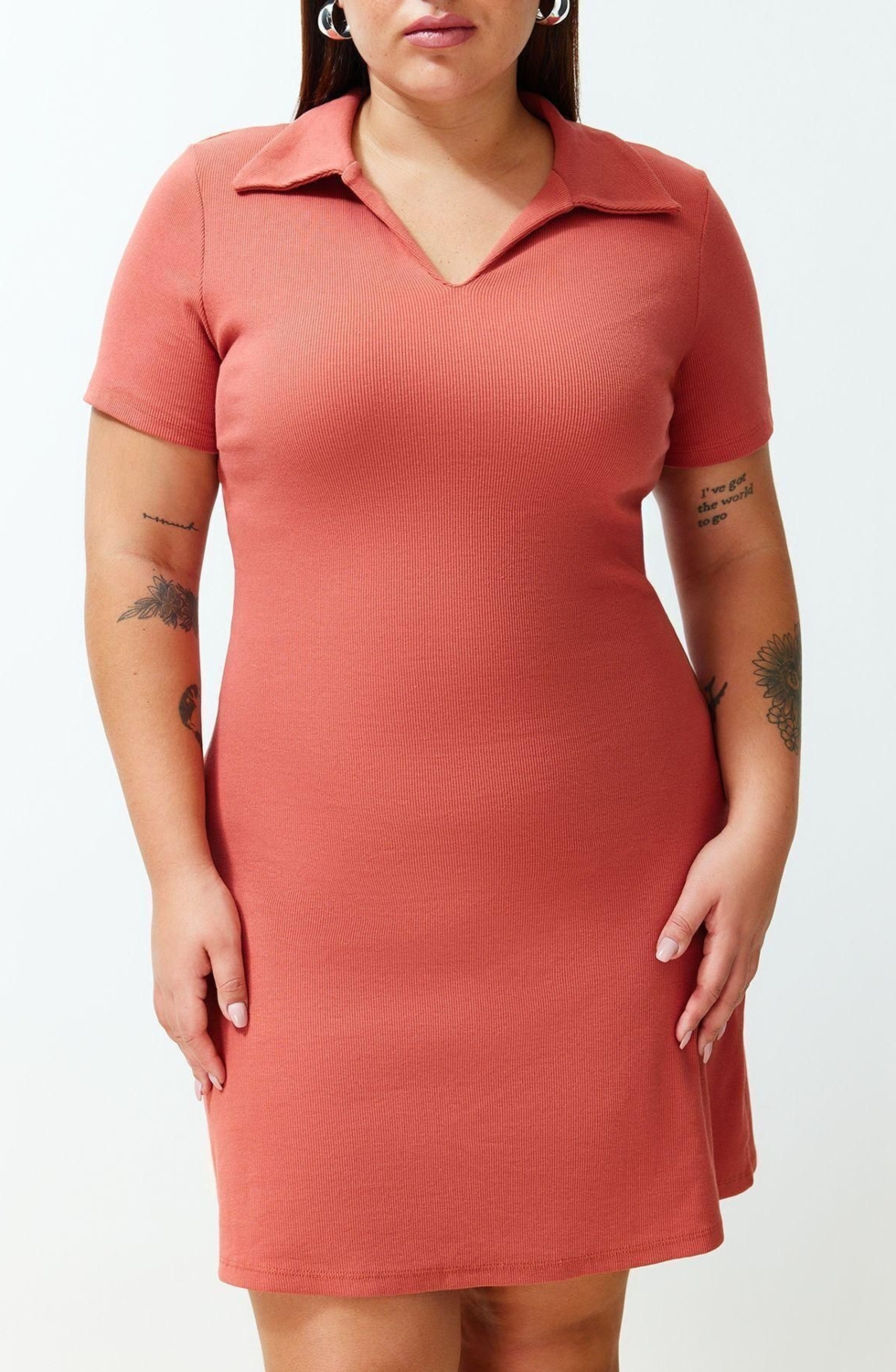 Moda Slim Casual Günlük Kaşkorse Örme Polo Yaka Kısa Kol A-Line Midi Boy Büyük Beden Elbise