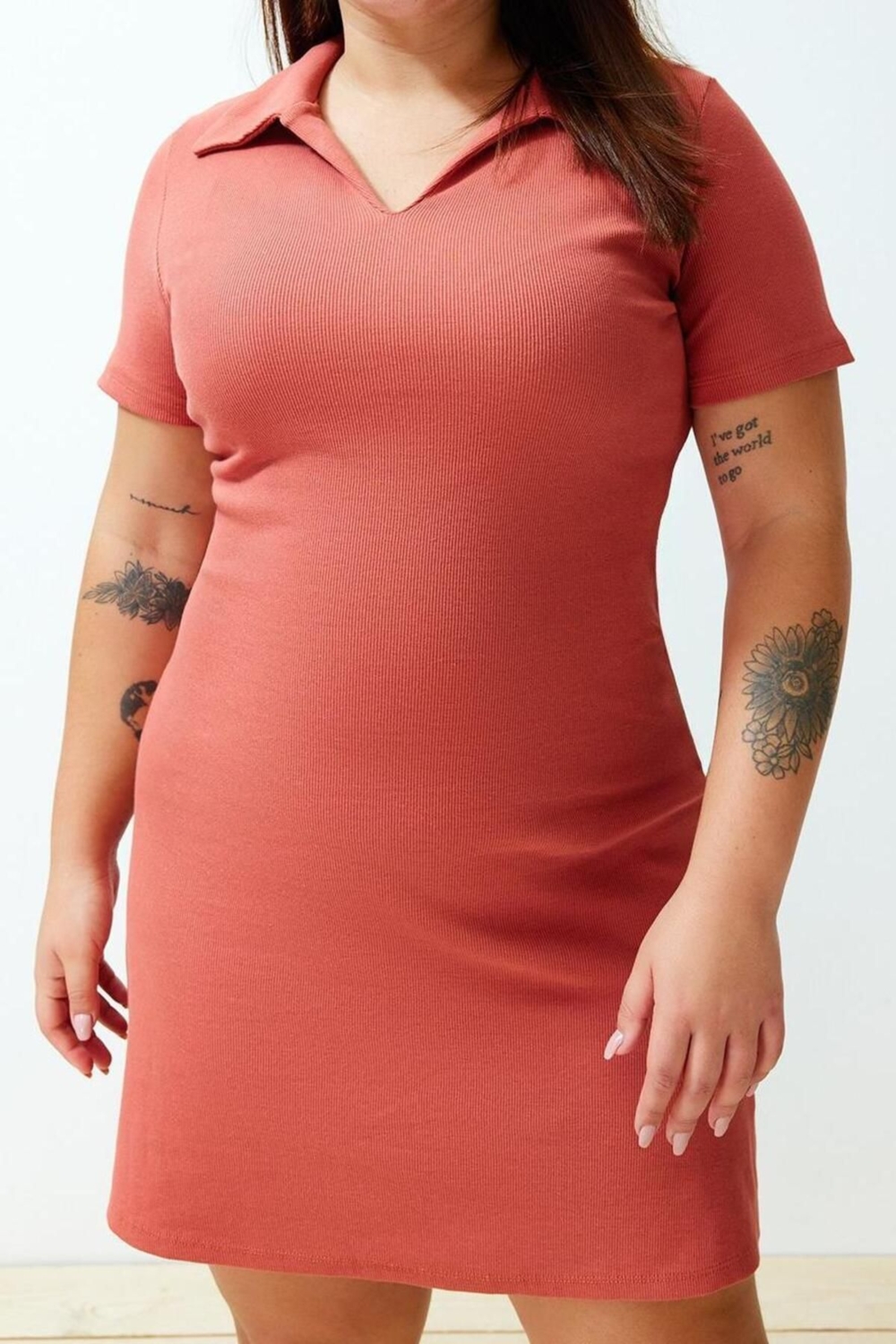 Moda Slim Casual Günlük Kaşkorse Örme Polo Yaka Kısa Kol A-Line Midi Boy Büyük Beden Elbise