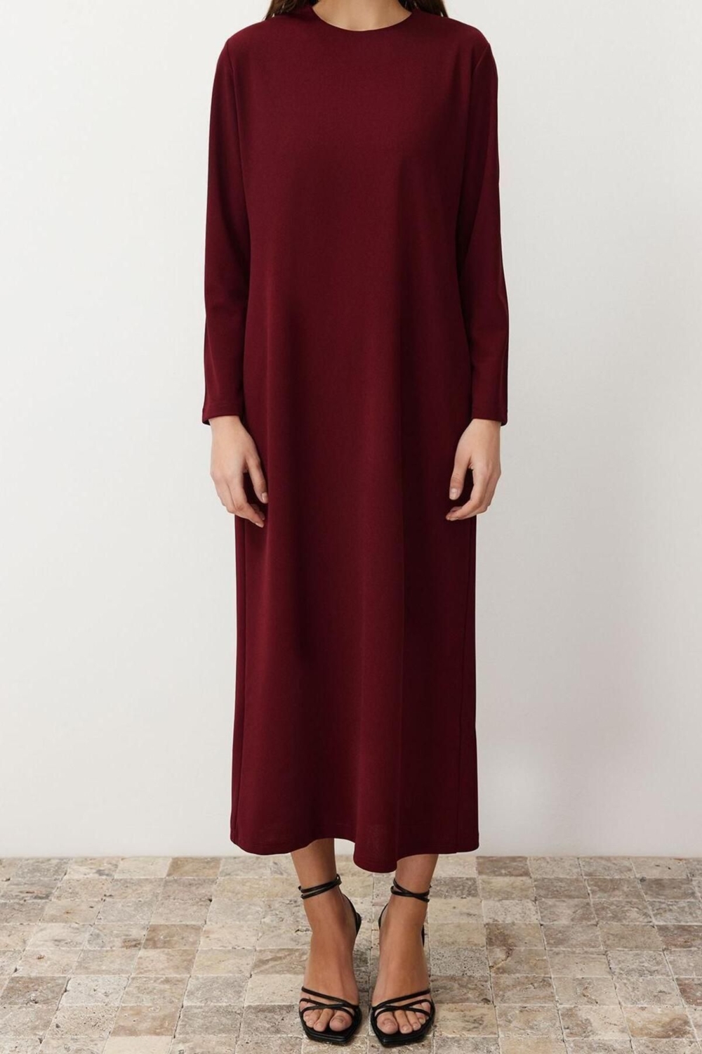 Moda Rahat Casual Günlük Krep Örme Bisiklet Yaka Uzun Kol Straight Uzun Boy Tesettür Elbise