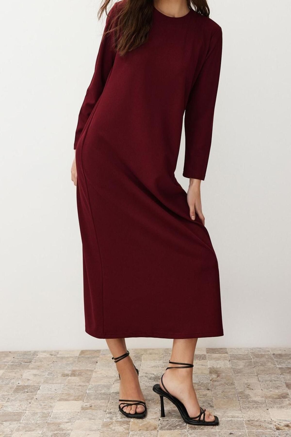 Moda Rahat Casual Günlük Krep Örme Bisiklet Yaka Uzun Kol Straight Uzun Boy Tesettür Elbise