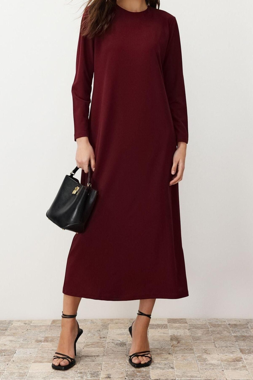 Moda Rahat Casual Günlük Krep Örme Bisiklet Yaka Uzun Kol Straight Uzun Boy Tesettür Elbise
