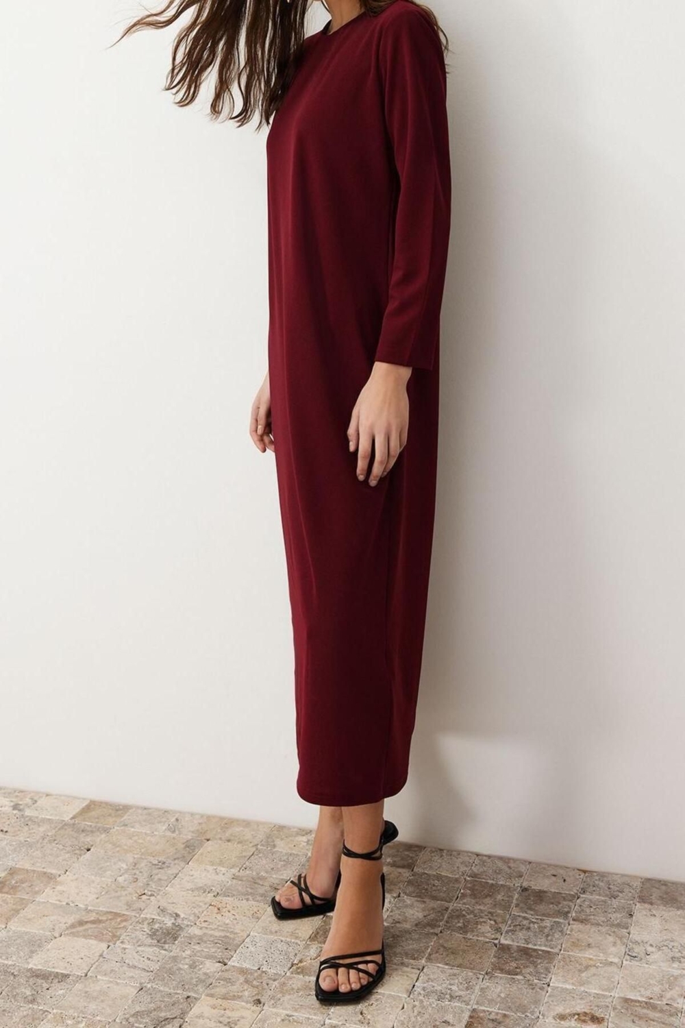 Moda Rahat Casual Günlük Krep Örme Bisiklet Yaka Uzun Kol Straight Uzun Boy Tesettür Elbise