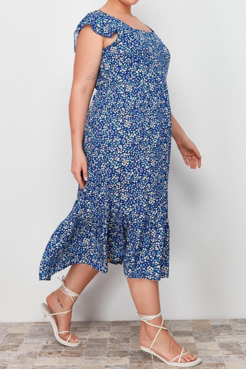 Moda Fit Casual Günlük Shally Dokuma Kare Yaka Askısız Kol A-Line Midi Boy Büyük Beden Elbise