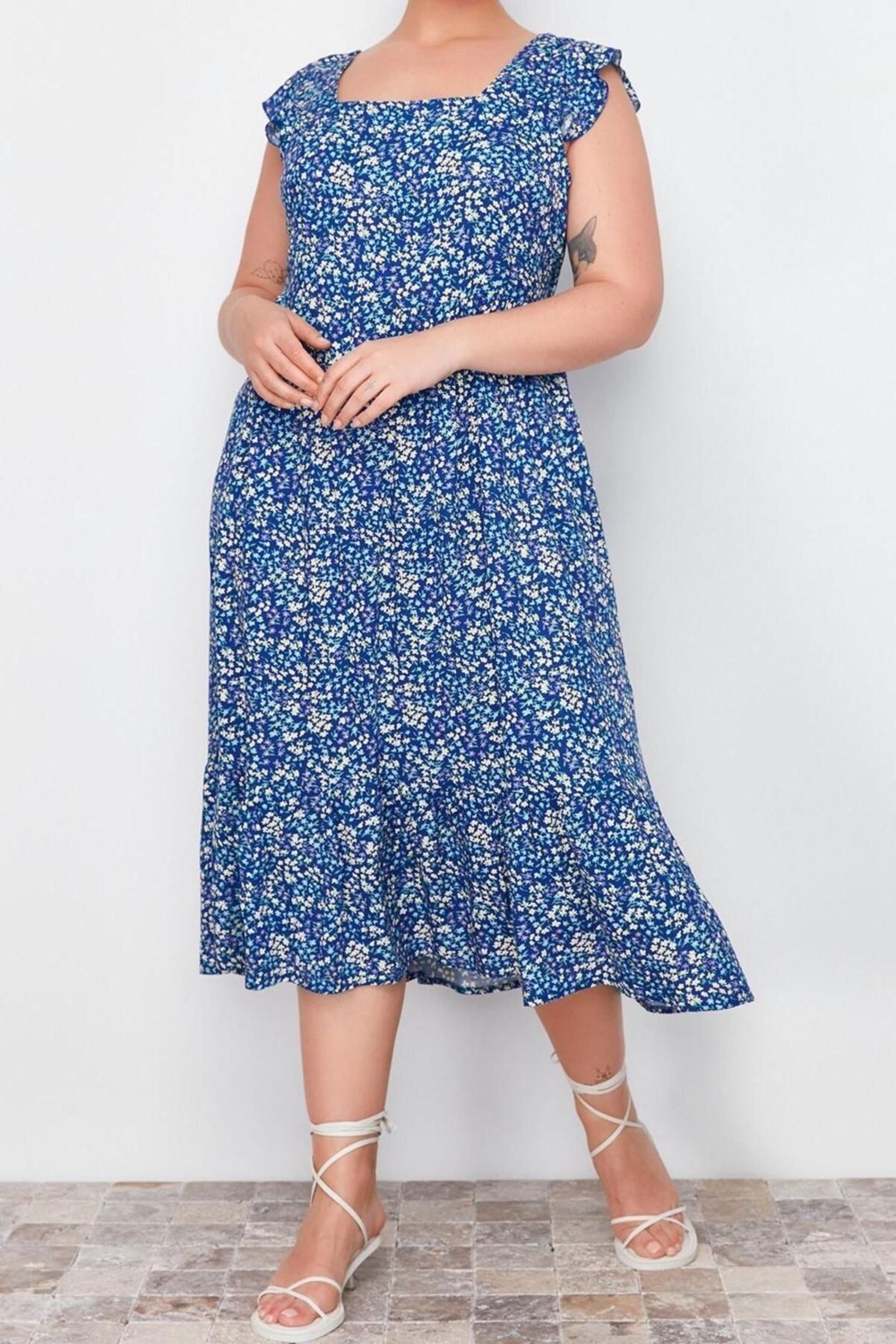 Moda Fit Casual Günlük Shally Dokuma Kare Yaka Askısız Kol A-Line Midi Boy Büyük Beden Elbise