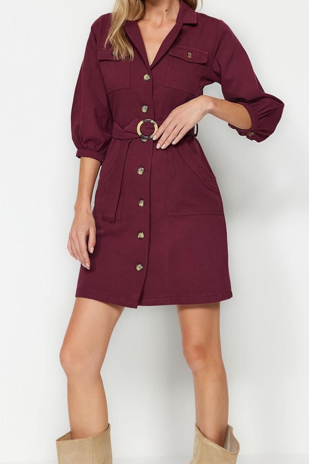 Moda Stil Regular Ceket Yaka Mini Boy Kemerli Dokuma Elbise