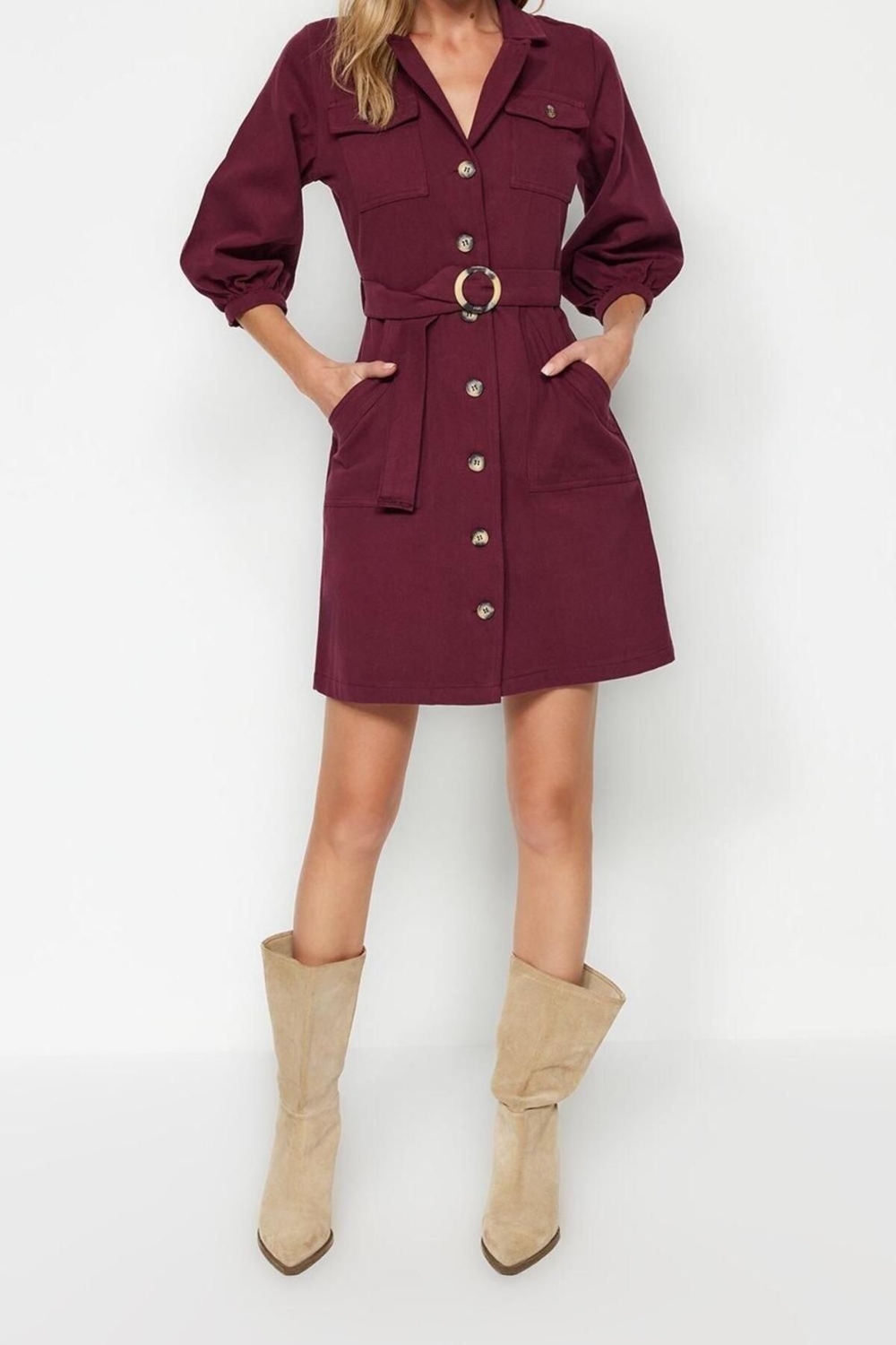 Moda Stil Regular Ceket Yaka Mini Boy Kemerli Dokuma Elbise