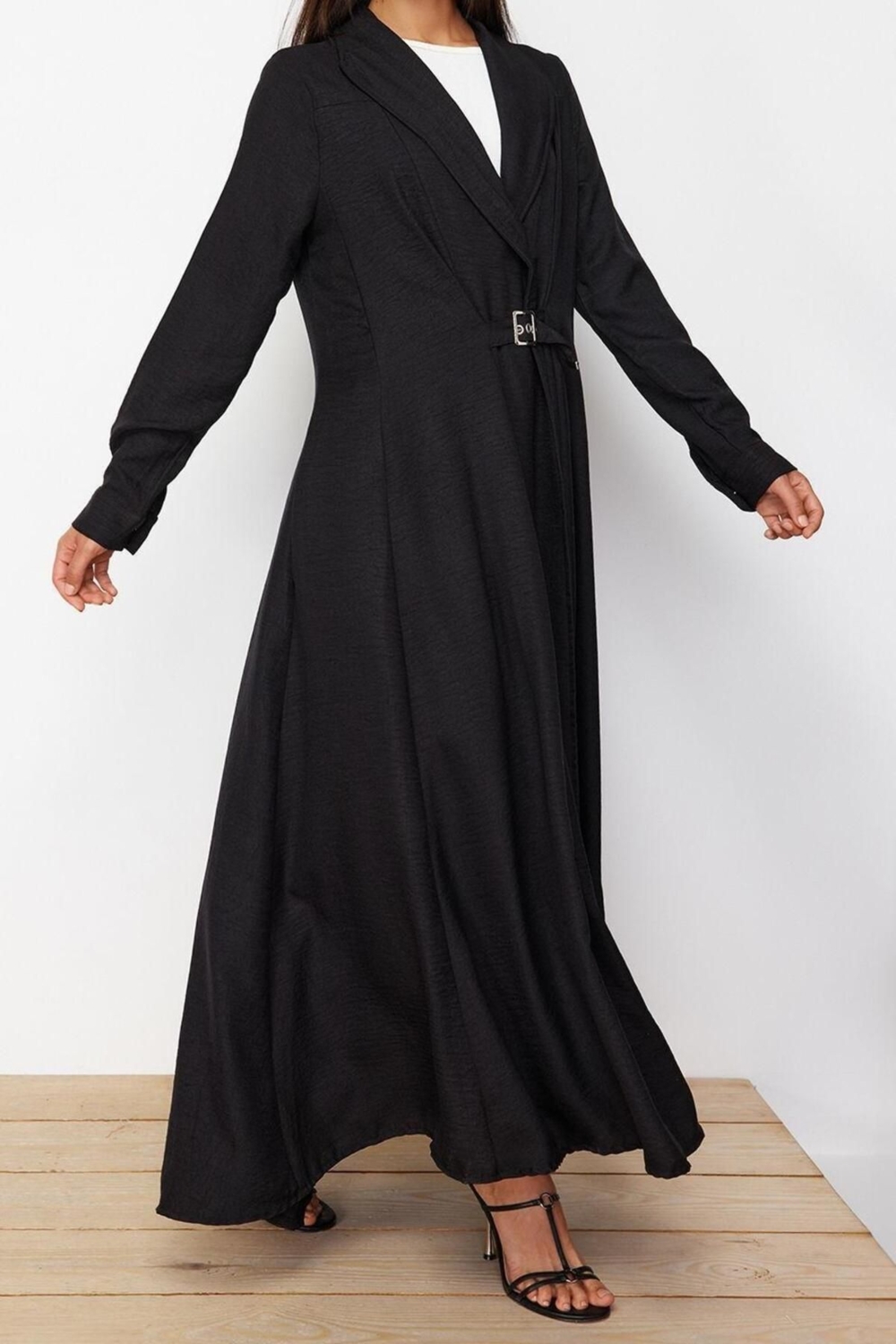 Moda Regular Günlük Keten Görünümlü Dokuma Ceket Yaka Uzun Kol A-Line Maxi Boy Tesettür Elbise