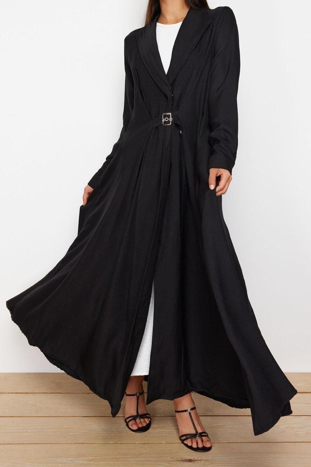 Moda Regular Günlük Keten Görünümlü Dokuma Ceket Yaka Uzun Kol A-Line Maxi Boy Tesettür Elbise