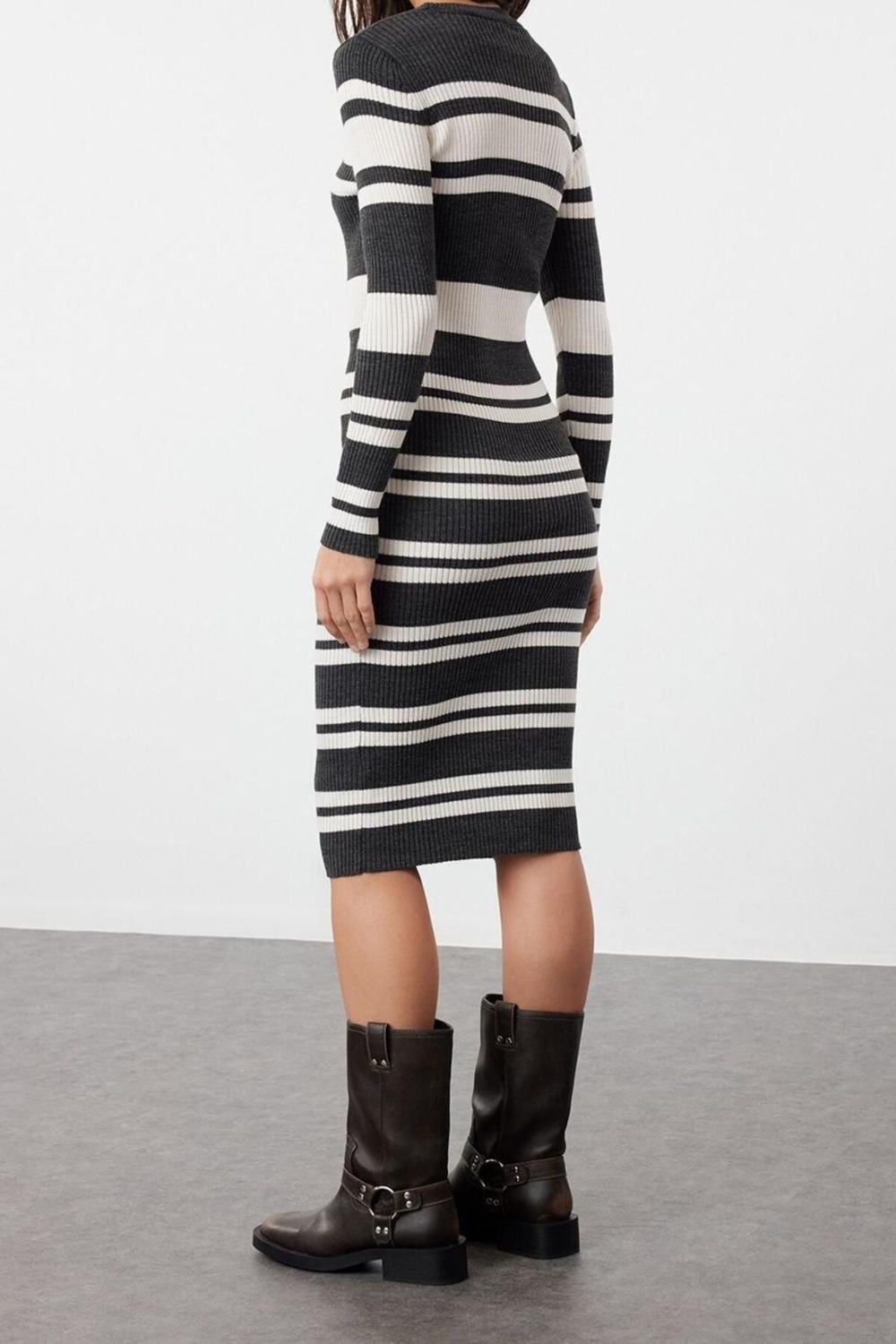 Moda Slim Casual Günlük Pike Triko Bisiklet Yaka Uzun Kol Bodycone Midi Boy Elbise