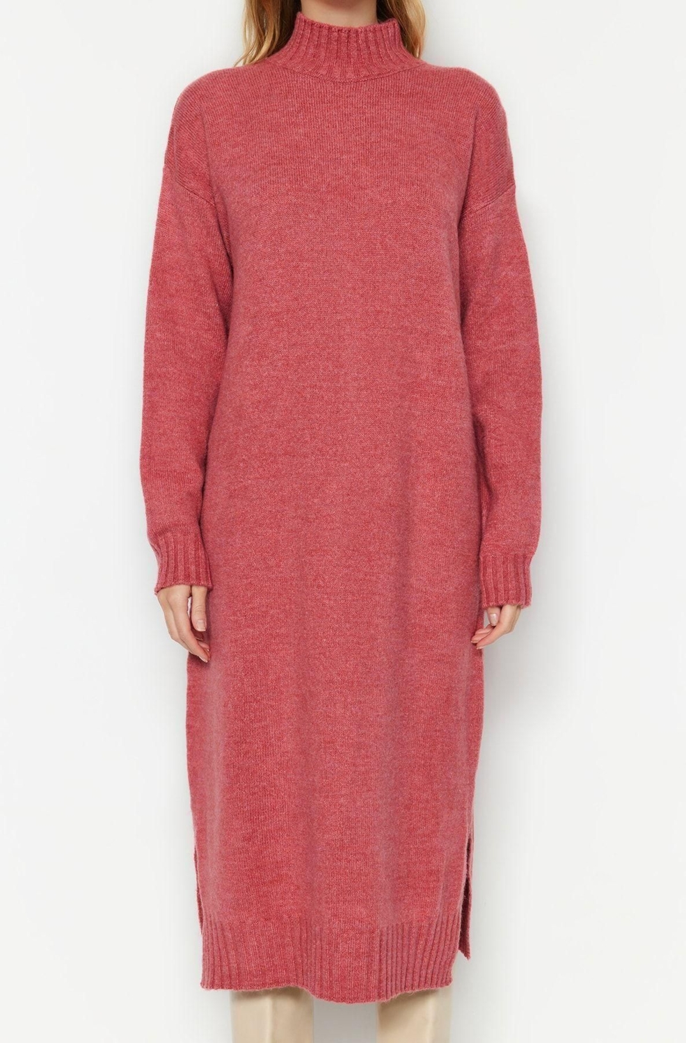 Moda Oversize Casual Günlük Tek Plaka Triko Dik Yaka Uzun Kol Shift Midi Boy Elbise