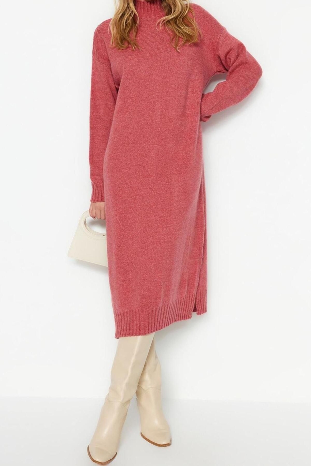 Moda Oversize Casual Günlük Tek Plaka Triko Dik Yaka Uzun Kol Shift Midi Boy Elbise