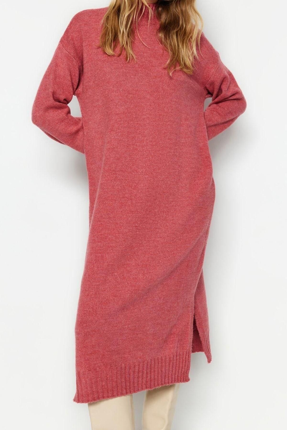 Moda Oversize Casual Günlük Tek Plaka Triko Dik Yaka Uzun Kol Shift Midi Boy Elbise
