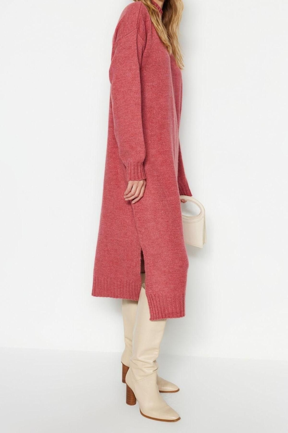 Moda Oversize Casual Günlük Tek Plaka Triko Dik Yaka Uzun Kol Shift Midi Boy Elbise