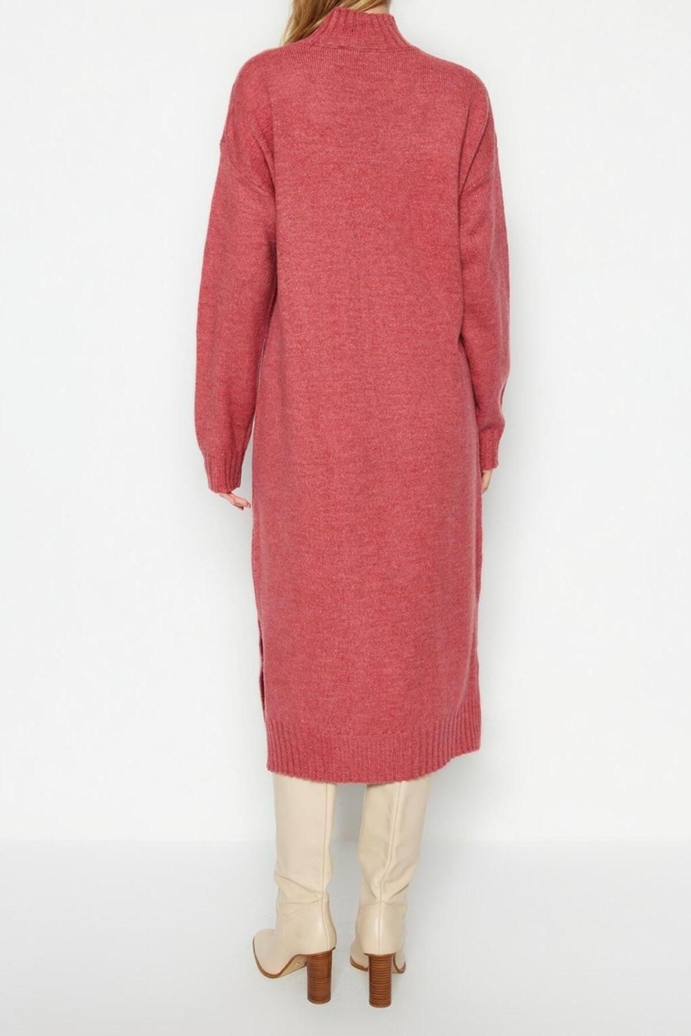 Moda Oversize Casual Günlük Tek Plaka Triko Dik Yaka Uzun Kol Shift Midi Boy Elbise