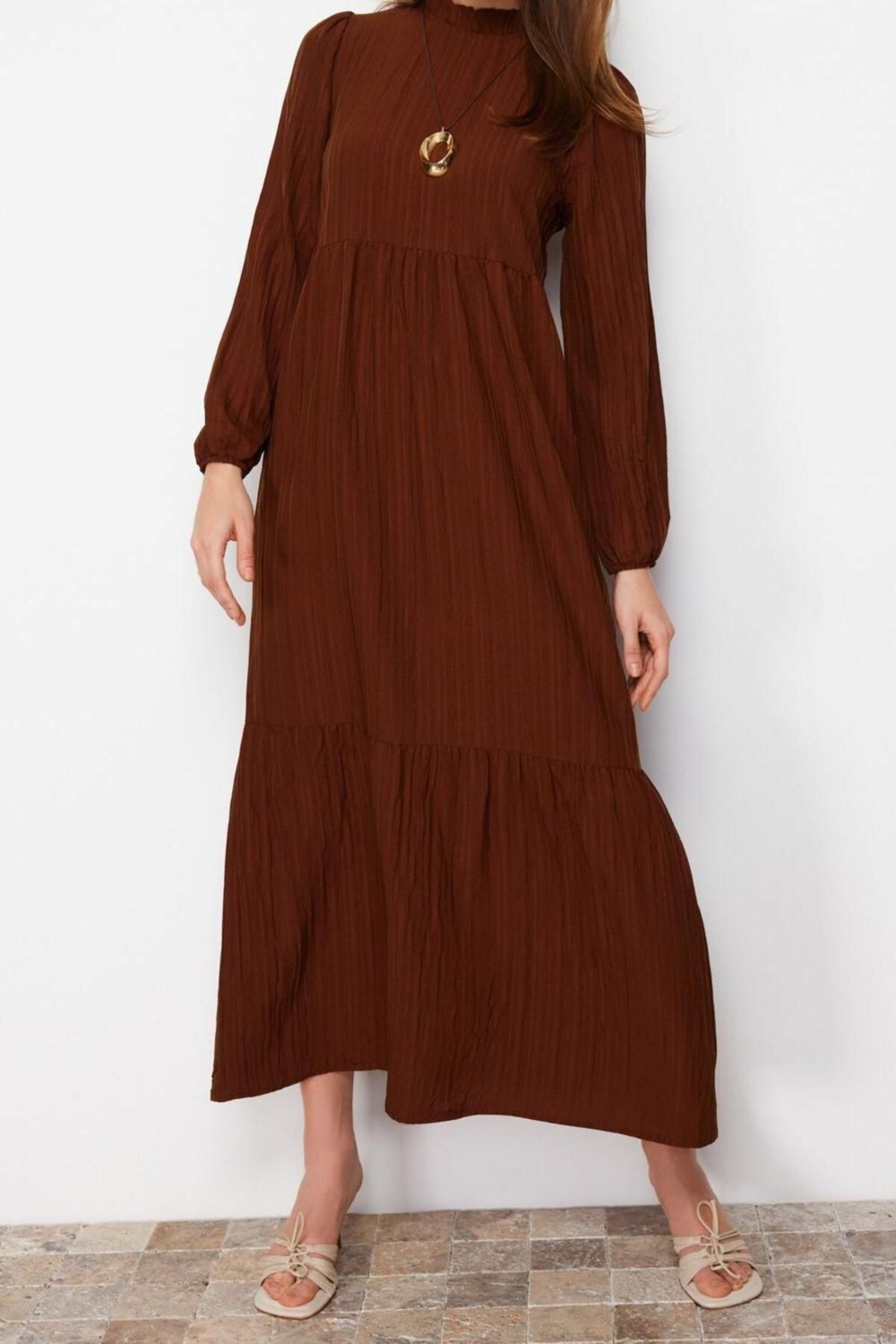 Moda Rahat Casual Günlük Crinkle Dokuma Dik Yaka Uzun Kol A-Line Maxi Boy Tesettür Elbise