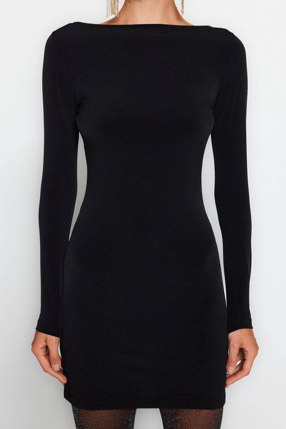 Moda Fit Mezuniyet Balo Sandy Örme Degaje Yaka Uzun Kol Bodycone Mini Boy Elbise