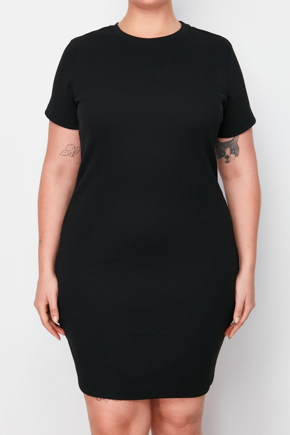 Moda Fit Casual Günlük Kaşkorse Örme Bisiklet Yaka Kısa Kol Bodycone Mini Boy Büyük Beden Elbise