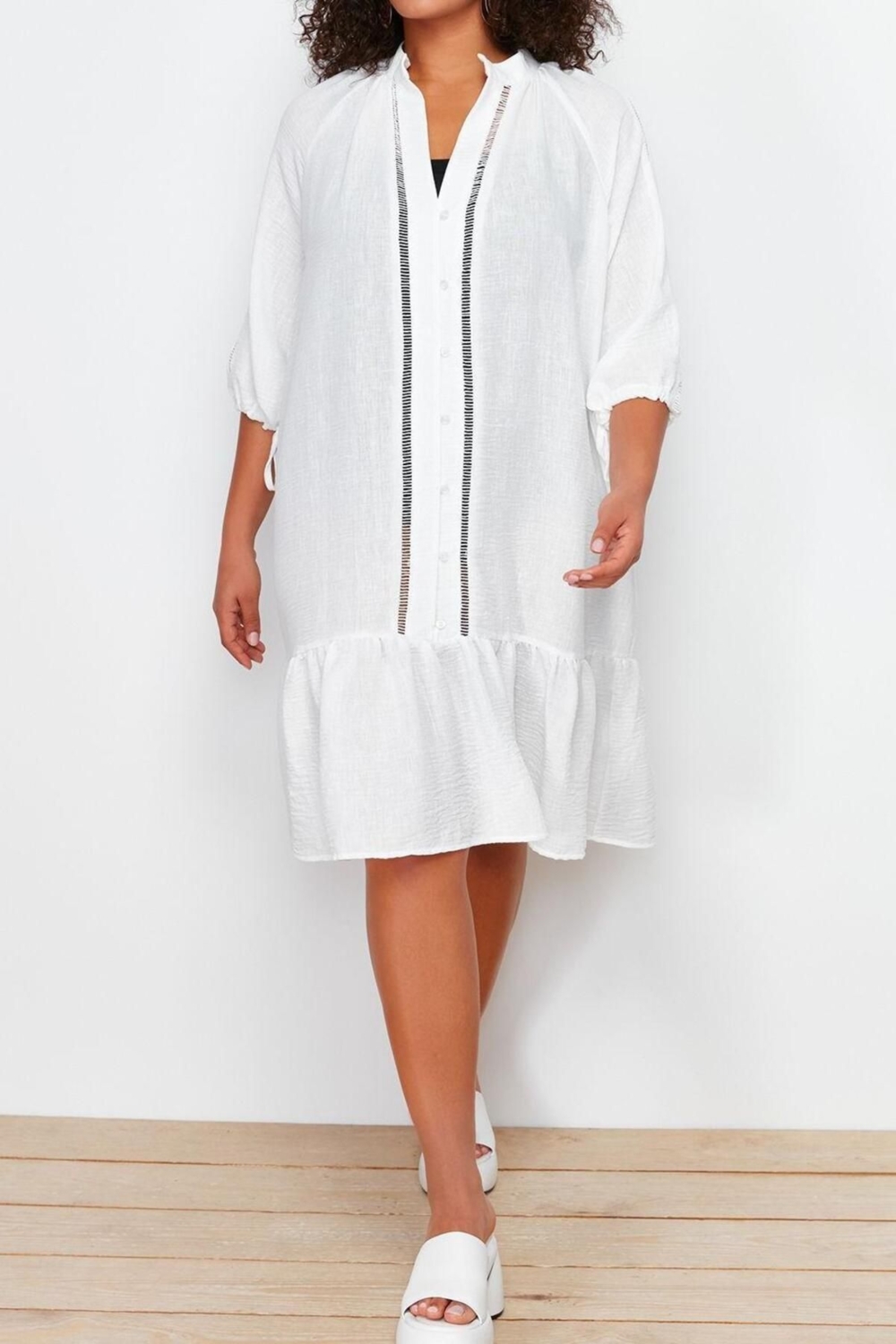 Moda Oversize Plaj Günlük Poplin Dokuma V Yaka Truvakar Kol Kol Shift Mini Boy Büyük Beden Elbise