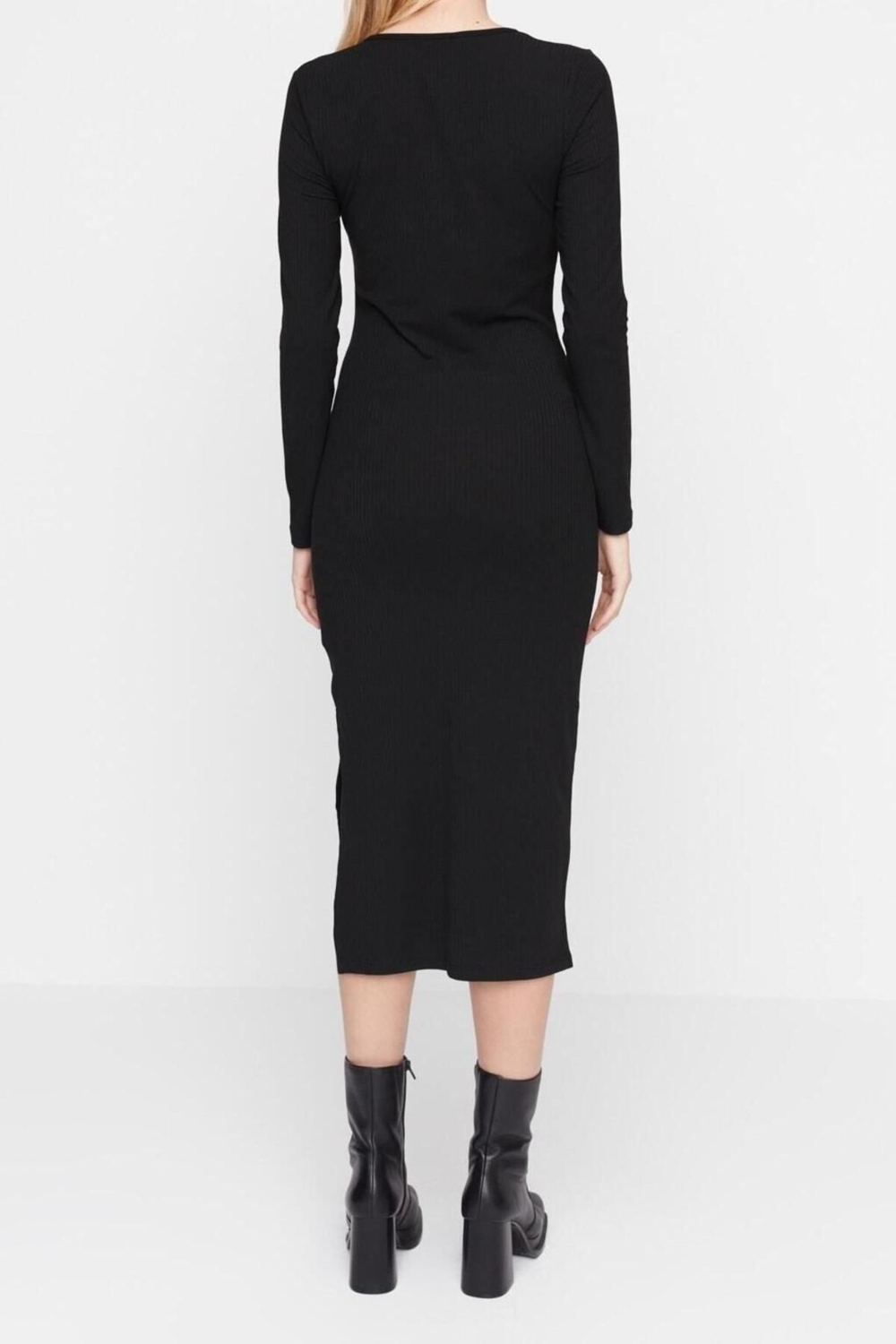 Moda Slim Casual Günlük Poliviskon Kaşkorse Örme Kare Yaka Uzun Kol Bodycone Midi Boy Elbise