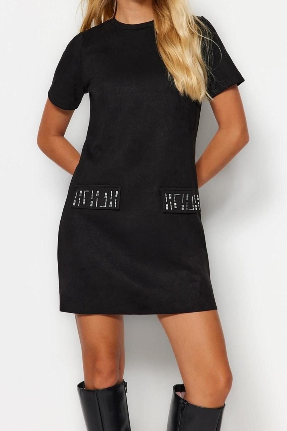 Moda Regular Business Süet Örme Bisiklet Yaka Kısa Kol A-Line Mini Boy Elbise