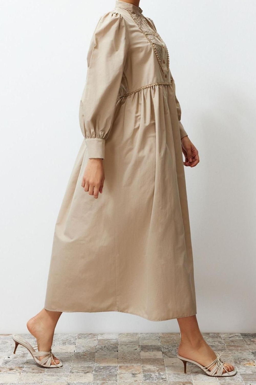 Moda Regular Casual Günlük Terrycotton Dokuma Dik Yaka Uzun Kol A-Line Maxi Boy Tesettür Elbise