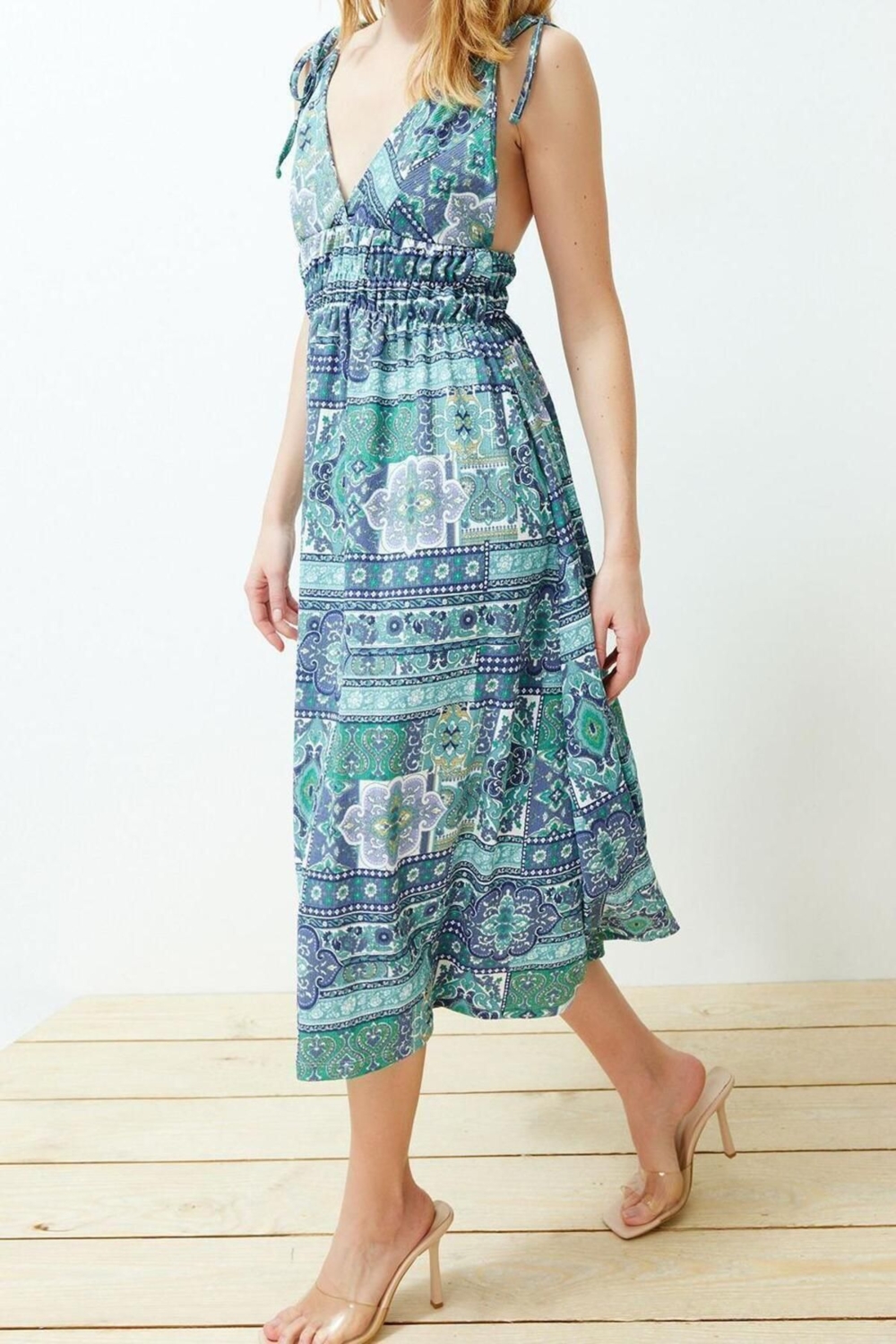 Moda Regular Casual Günlük Bürümcük Örme Kalp Yaka Askılı Kol A-Line Maxi Boy Elbise
