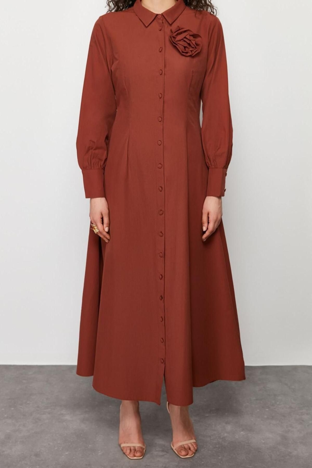 Moda Regular Casual Günlük Poplin Dokuma Gömlek Yaka Uzun Kol A-Line Maxi Boy Tesettür Elbise