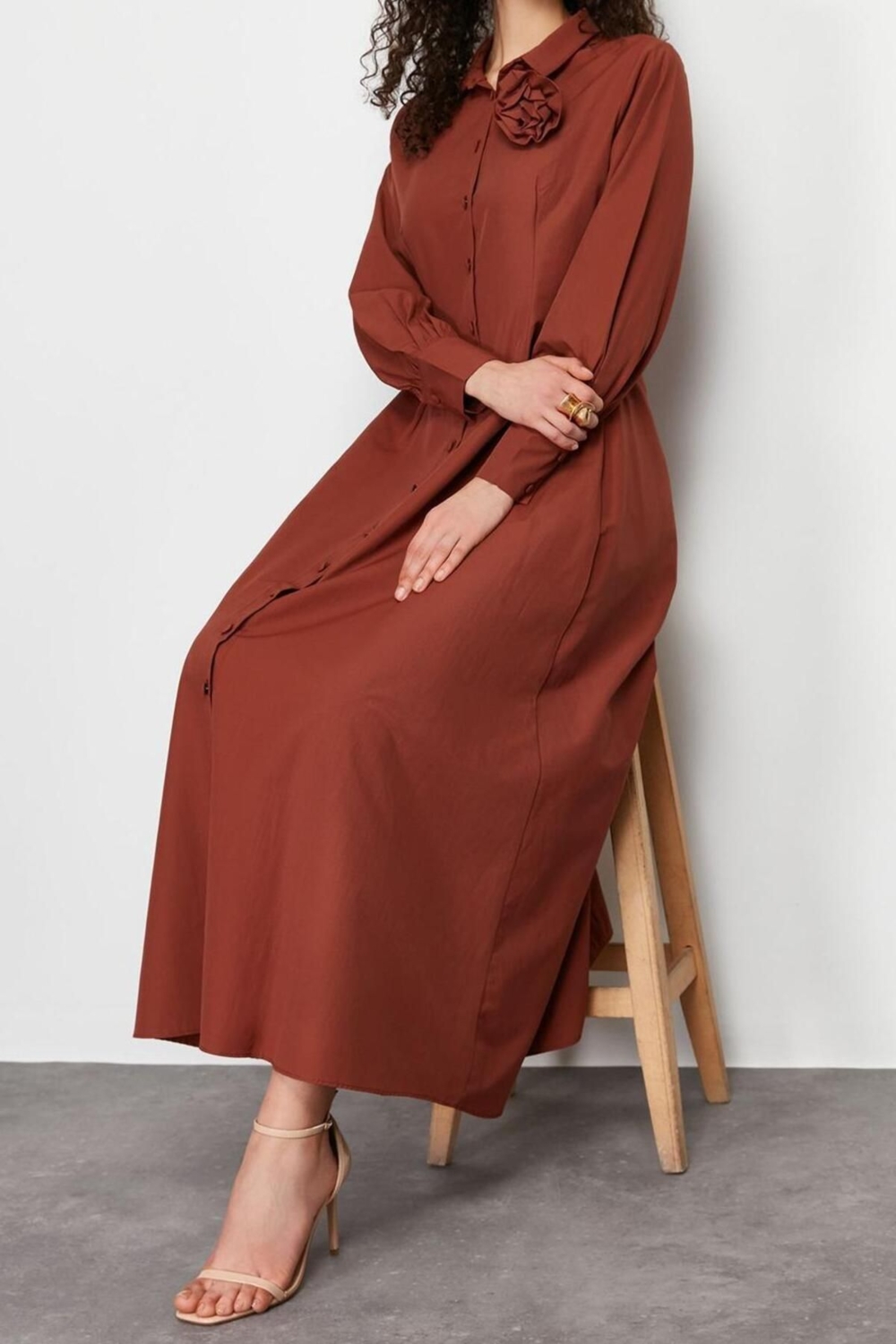 Moda Regular Casual Günlük Poplin Dokuma Gömlek Yaka Uzun Kol A-Line Maxi Boy Tesettür Elbise